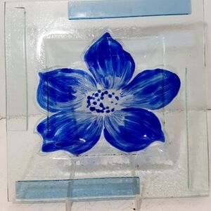 Blue Floral Glass Art Piece Double panedtexturedfused and handpainted